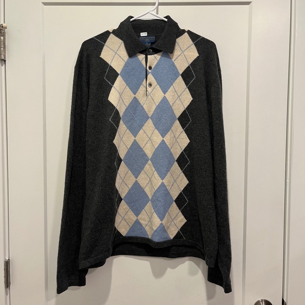 Joseph & Lyman Cashmere Sweater Mens XL Argyle Polo Long Sleeve Charcoal Gray